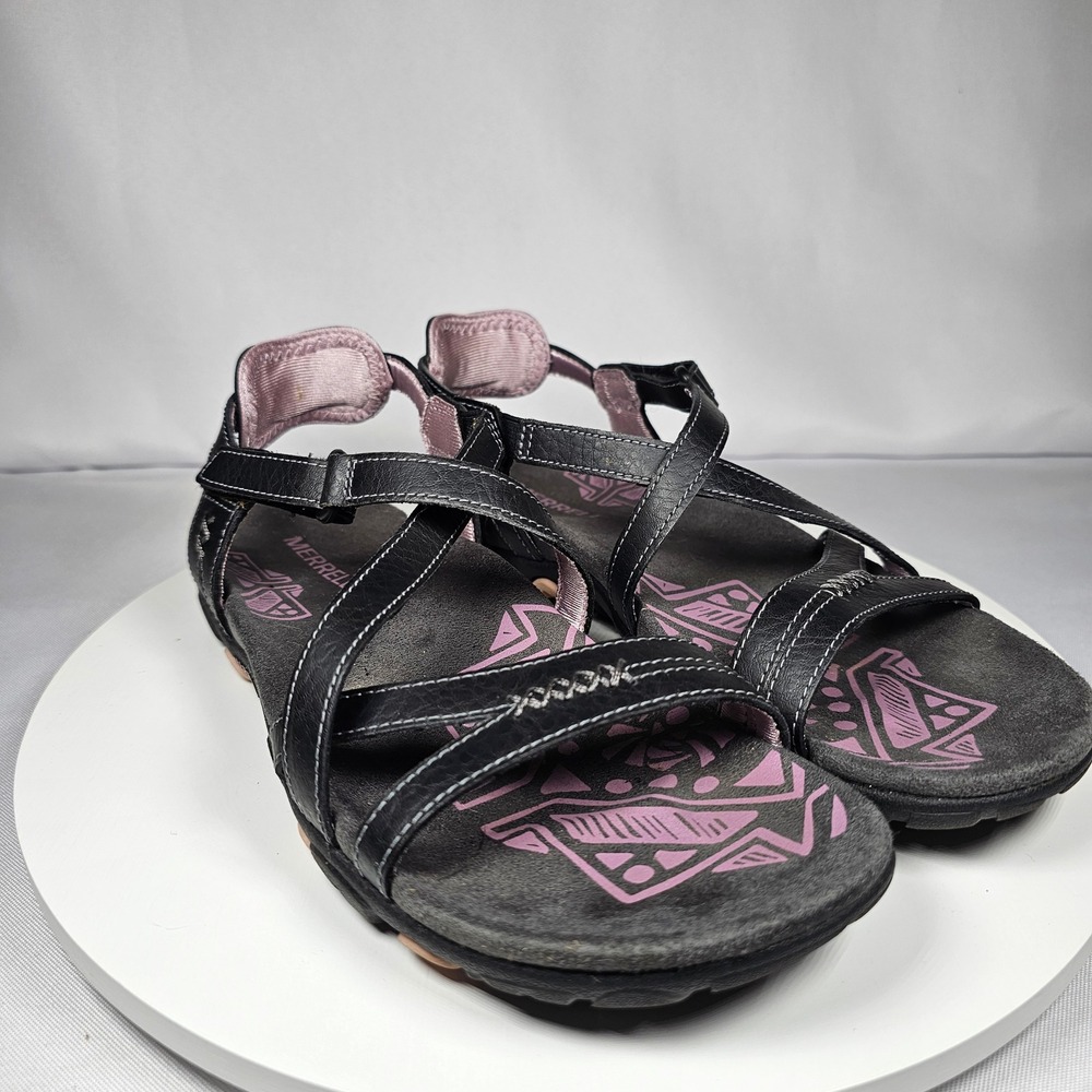 Merrell Women's Black Leather Cross Strap Walking Sandals Size US 6 EUR 37